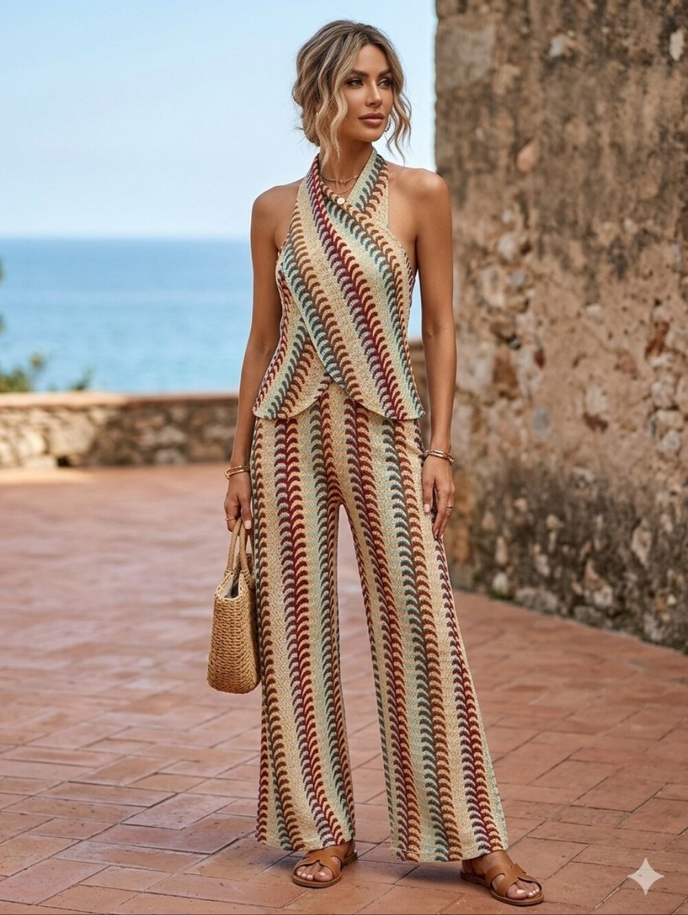 Multicolor Striped Knit Halter Top & Pants Set